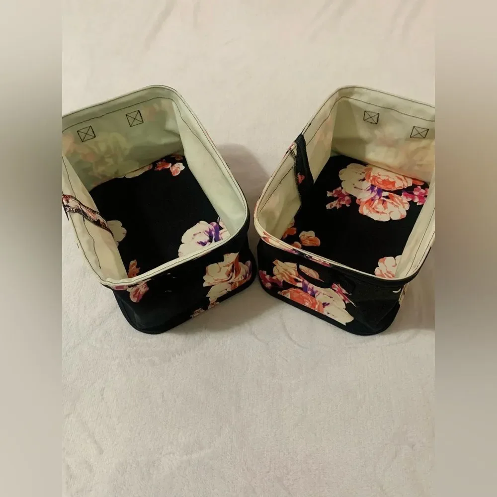 PINK VS HTF VINTAGE BLACK FLORAL STORAGE BIN TRUNK SET OF 2